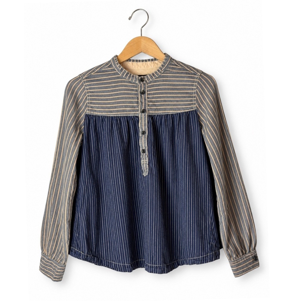 BDG Shirt Women Small Blue Mixed Stripe Band Collar Cotton Top Popover Preppy